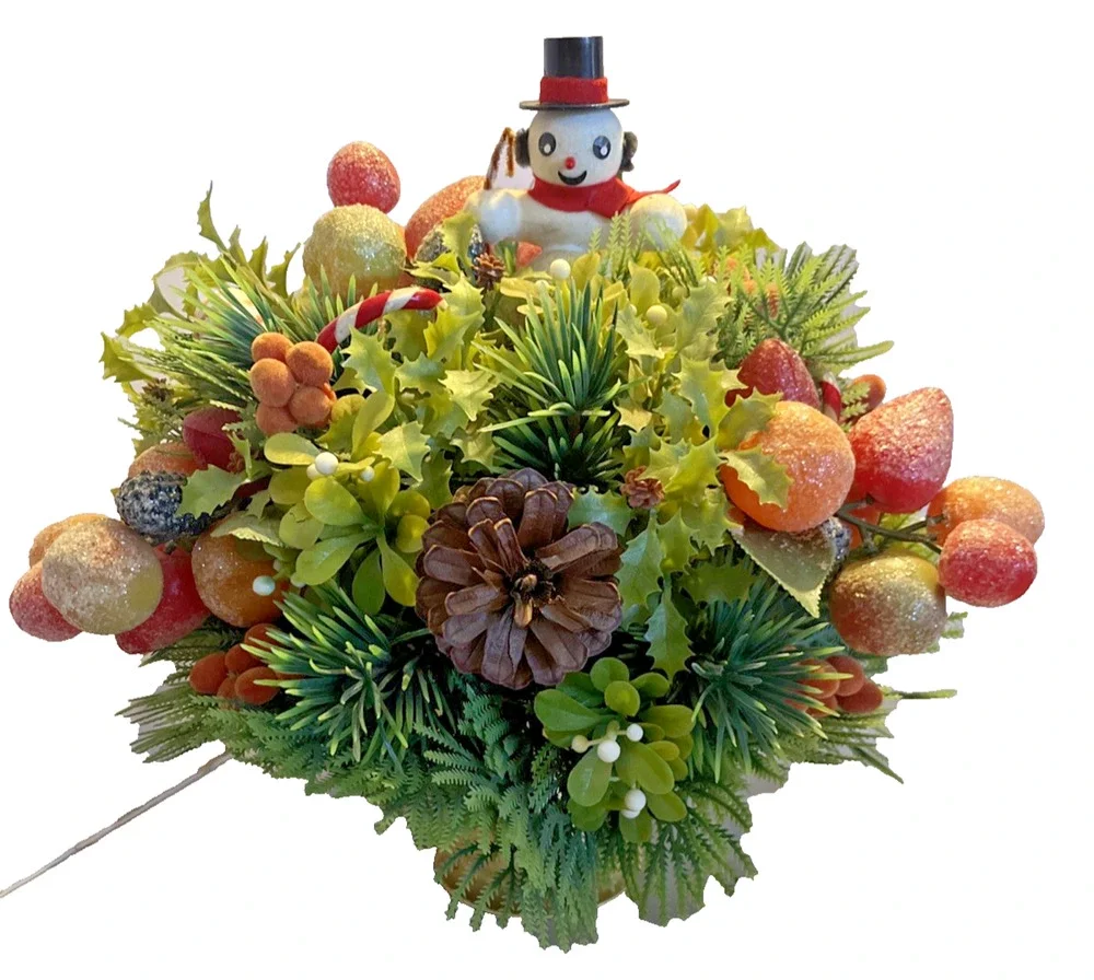 Vintage Christmas Centerpiece Retro Snowman Plastic Fruit & Foliage Holiday Deco